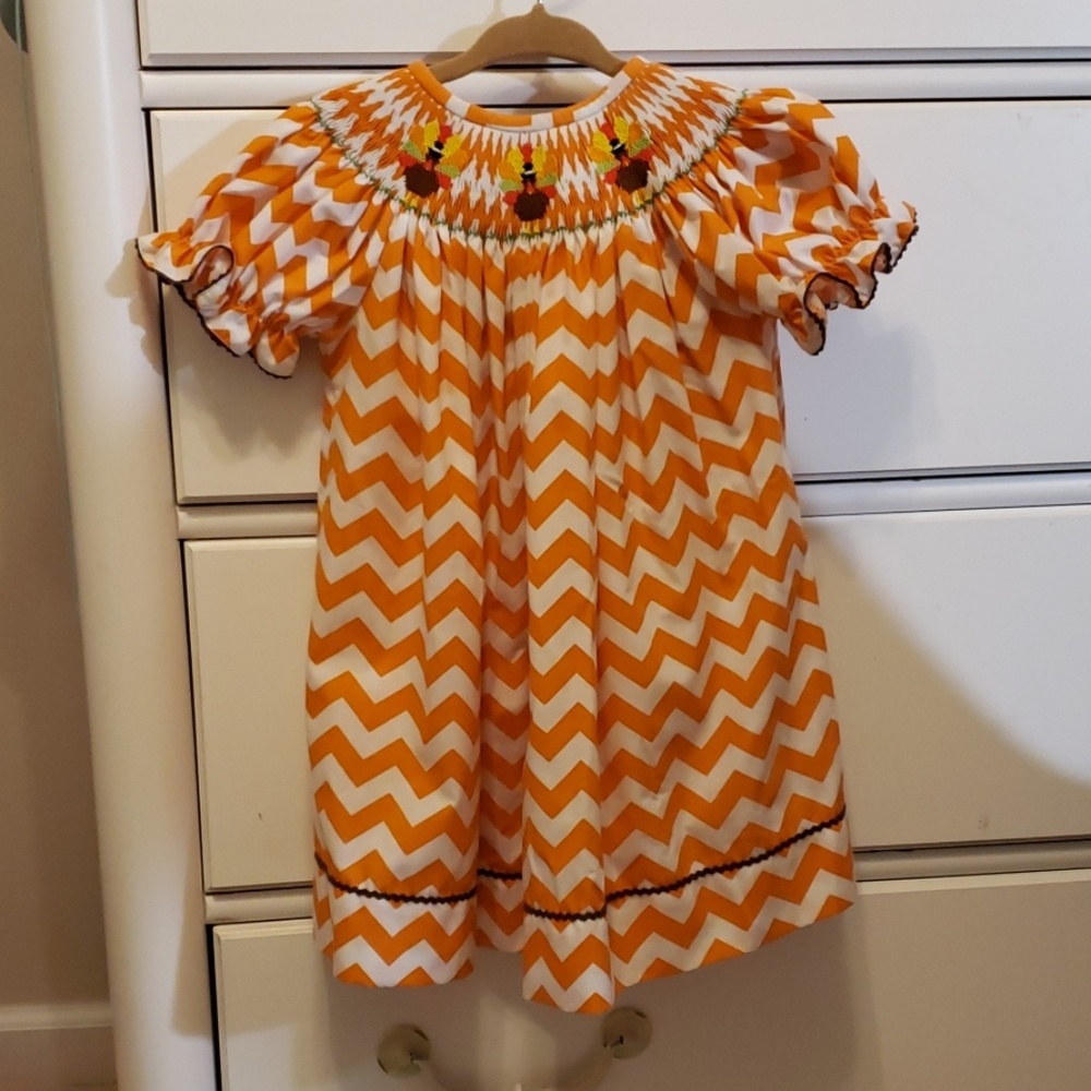 Turkey Smocked Chevron dress with ric rac 12 month